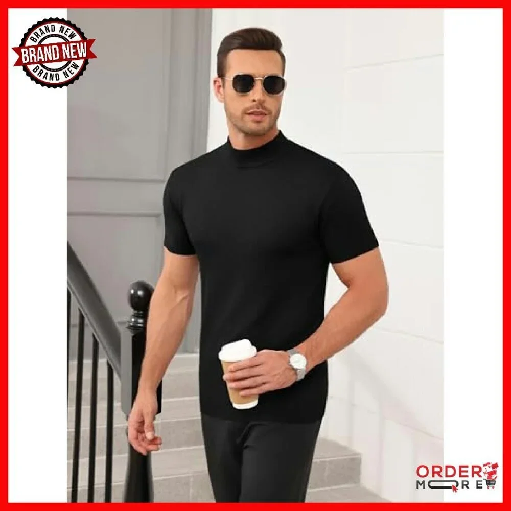Men's Mock Turtleneck Short Sleeve Knit Pullover Sweater Casual Basic Tee